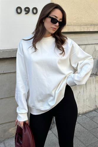 Ekru Bisiklet Yaka Basic Sweatshirt MG2185