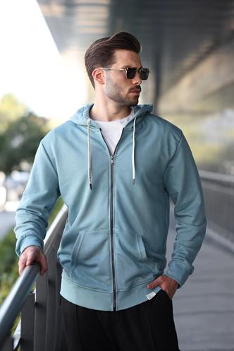 Soluk Mavi Fermuarlı Kapüşonlu Sweatshirt 6161