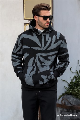 Siyah Kapüşonlu Cep Detaylı Baskılı Erkek Sweatshirt 7087