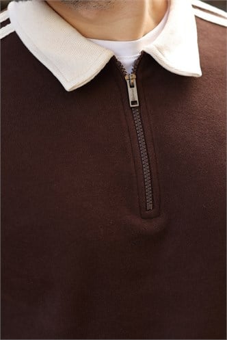 Acı Kahve Şerit Detaylı Polo Yaka Erkek Sweatshirt E7212  