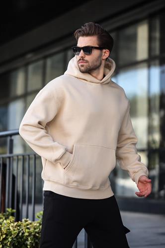 Bej Kapüşonlu Kanguru Cep Erkek Sweatshirt E7169