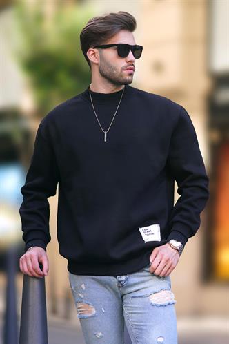 Siyah Bisiklet Yaka Oversize Şardonlu Arma Detaylı Erkek Sweatshirt 7043