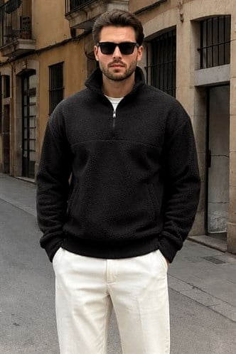 Siyah Yarım Fermuarlı Dik Yaka Polar Sweatshirt E7165