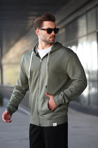 Haki Yeşili Fermuarlı Kapüşonlu Sweatshirt 6161