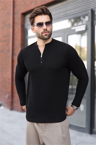 Siyah Bisiklet Yaka Fermuar Detaylı Erkek Triko Sweatshirt E7209