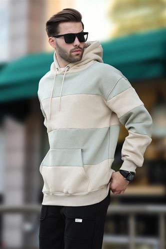 Bej Kapüşonlu Renk Bloklu Cep Detaylı Erkek Sweatshirt 7044