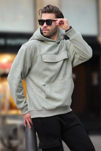 Çağla Yeşili Kapüşonlu Kapaklı Cep Detaylı Polar Erkek Sweatshirt 7097