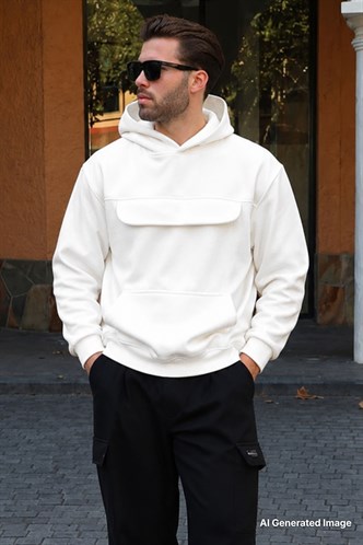Ekru Kapüşonlu Kapaklı Cep Detaylı Polar Erkek Sweatshirt 7097