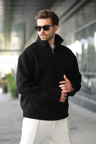 Siyah Yarım Fermuarlı Dik Yaka Polar Sweatshirt E7165