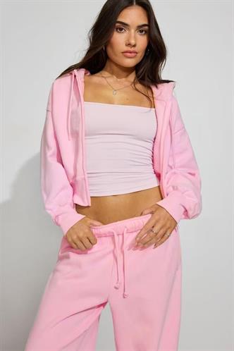 Pembe Crop Kapşonlu Fermuarlı Kadın Sweatshirt MG2608
