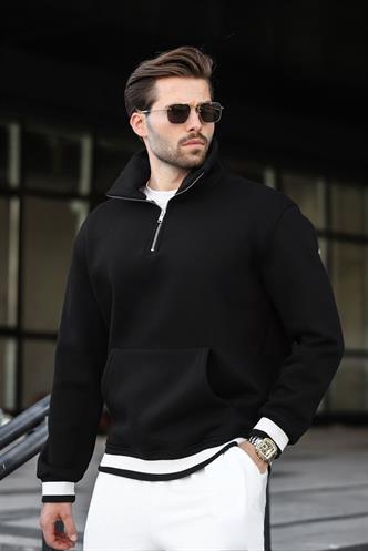 Siyah Fermuarlı Dik Yaka Kanguru Cep Erkek Sweatshirt E7159