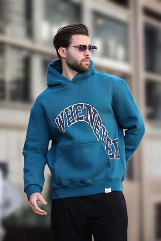 Petrol Mavisi Kapüşonlu Baskılı Cep Detaylı Erkek Sweatshirt E7065