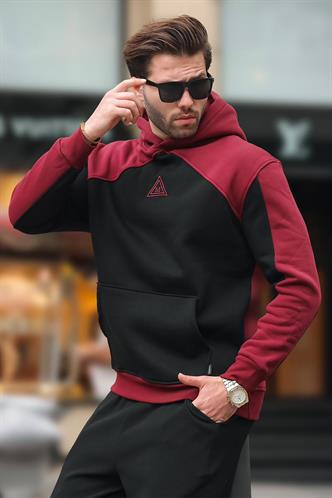 Bordo Kapüşonlu Cep Detaylı Nakışlı Sweatshirt E7085