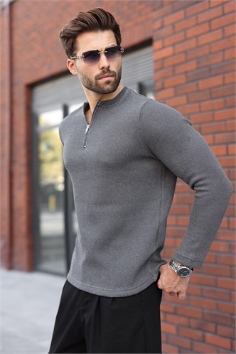 Füme Bisiklet Yaka Fermuar Detaylı Erkek Triko Sweatshirt E7209