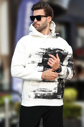 Ekru Kapüşonlu Desenli Cep Detaylı Erkek Sweatshirt 7059
