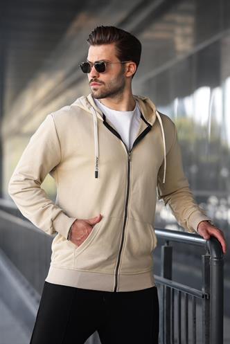 Bej Fermuarlı Kapüşonlu Sweatshirt 6161
