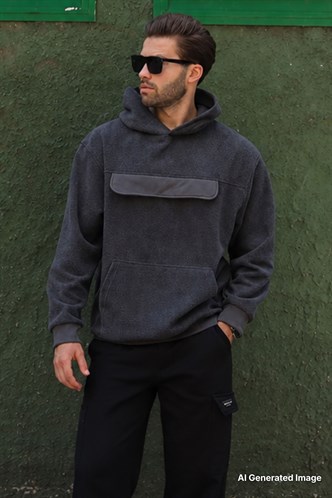 Füme Kapüşonlu Kapaklı Cep Detaylı Polar Erkek Sweatshirt 7097