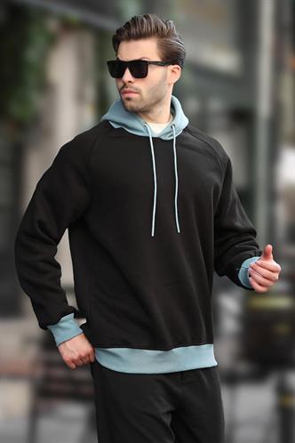 Siyah Renk Bloklu Kapüşonlu Sweatshirt 7073