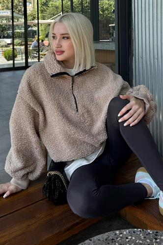 Bej Peluş Fermuar Yaka Sweatshirt MG1413