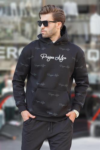 Siyah Baskılı Kapşonlu Cep Detaylı Erkek Sweatshirt 7075