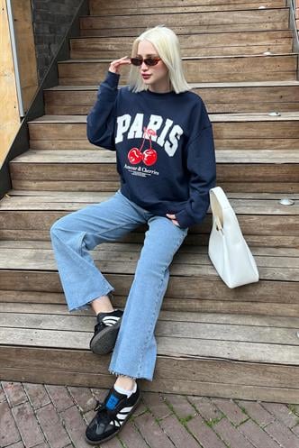 Lacivert Bisiklet Yaka Basic Sweatshirt MG2233