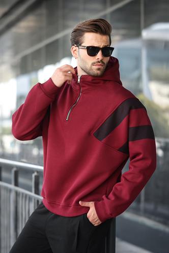 Bordo Fermuarlı Yaka Kapüşonlu Erkek Sweatshirt E7161