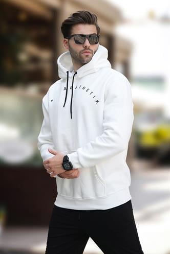 Ekru Kapüşonlu Cep Detaylı Nakışlı Erkek Sweatshirt 7054