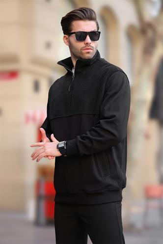 Siyah Dik Yaka Yarım Fermuarlı Polar Sweatshirt 7096