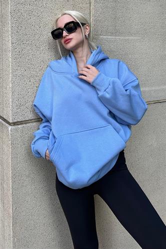 Mavi Kapüşonlu Şardonlu Oversize Sweatshirt MG1566