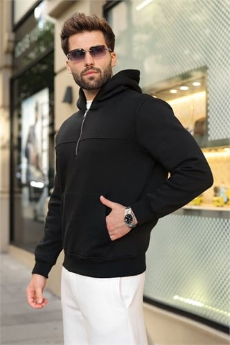 Siyah Kanguru Cepli Kapüşonlu Erkek Sweatshirt E7218