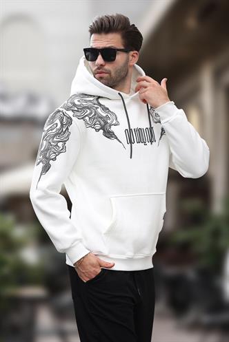 Ekru Kapüşonlu Cep Detaylı Baskılı Erkek Sweatshirt 7052