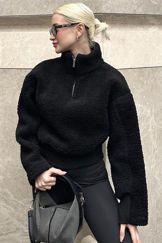 Siyah Fermuar Yaka Kürklü Kadın Sweatshirt MG2261