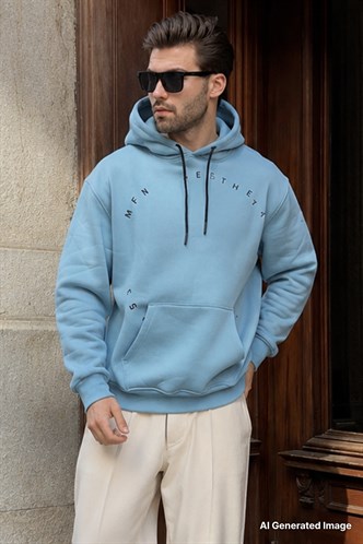 Mavi Kapüşonlu Cep Detaylı Nakışlı Erkek Sweatshirt 7054