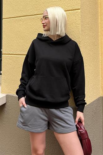 Siyah Kapüşonlu Oversize Cepli Sweatshirt MG2207