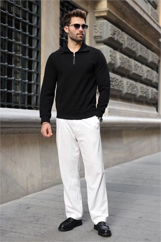 Siyah Dik Yaka Yarım Fermuarlı Erkek Sweatshirt E7211