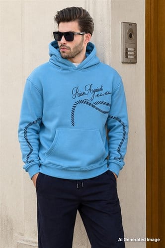 Mavi Baskılı Kapşonlu Cep Detaylı Erkek Sweatshirt 7067