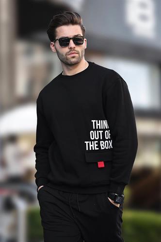 Siyah Bisiklet Yaka Şardonlu Cep Detaylı Baskılı Erkek Sweatshirt 7061