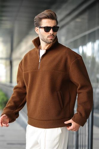 Kahverengi Yarım Fermuarlı Dik Yaka Polar Sweatshirt E7165