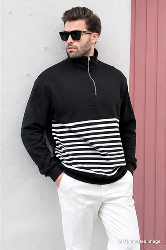 Siyah Fermuar Yakalı Çizgili Sweatshirt 7056