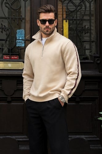 Bej Fermuarlı Yarım Balıkçı Yaka Erkek Sweatshirt E7164