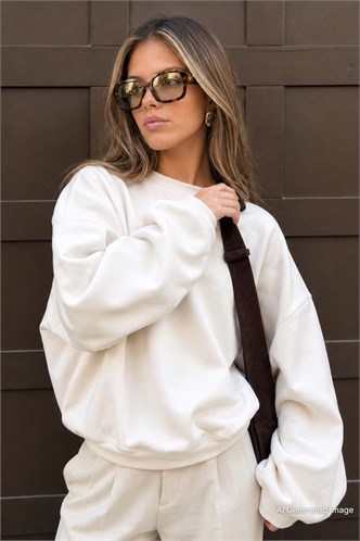Ekru Bisiklet Yaka Basic Sweatshirt MG2185