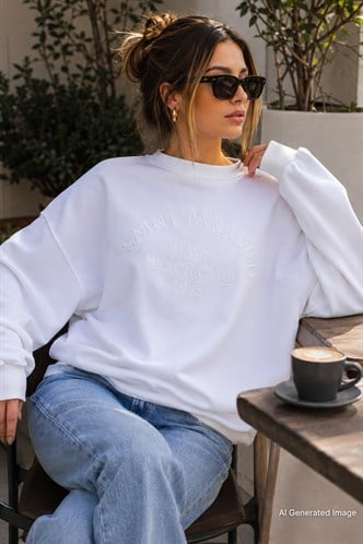 Beyaz Bisiklet Yaka Baskılı Sweatshirt MG1924