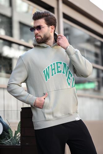 Çağla Yeşili Kapüşonlu Baskılı Cep Detaylı Erkek Sweatshirt E7065