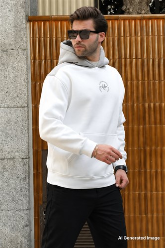 Ekru Kapüşonlu Renk Bloklu Nakış Detaylı Erkek Sweatshirt 7088