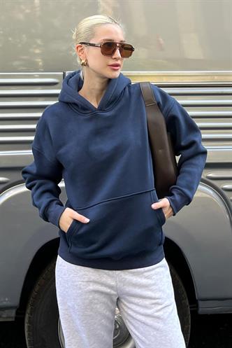 Lacivert Kapüşonlu Şardonlu Oversize Cepli Sweatshirt MG2206