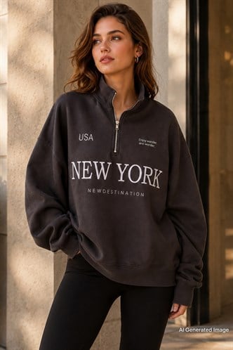 Füme Yarım Fermuarlı Baskılı Sweatshirt MG2240