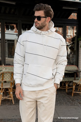 Ekru Kapüşonlu Cep Detaylı Çizgili Erkek Sweatshirt 7063