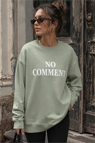 Mint Yeşili Bisiklet Yaka Baskılı Oversize Kadın Sweatshirt MG1902