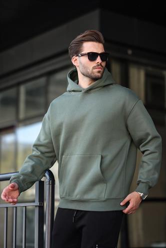 Haki Kapüşonlu Kanguru Cep Erkek Sweatshirt E7169