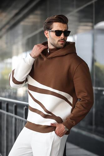 Kahverengi Kapüşonlu Fermuar Yaka Desenli Erkek Sweatshirt E7162